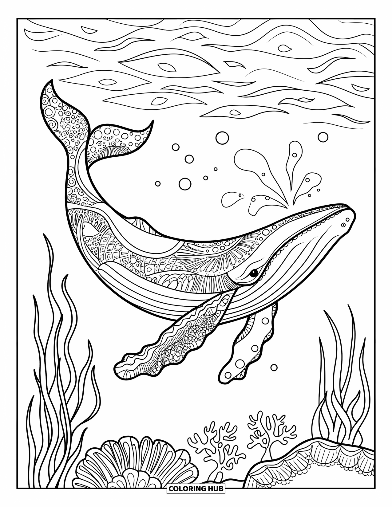 Sea Animal Coloring Page for Adults: A whale with Zentangle patterns glides through ocean ripples, bubbles, and coral