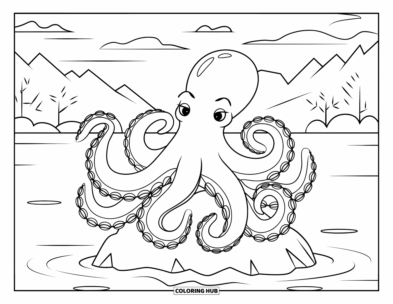 Sea Animal Coloring Page for Adults: An octopus sits on a rock with swirling arms forming floral patterns