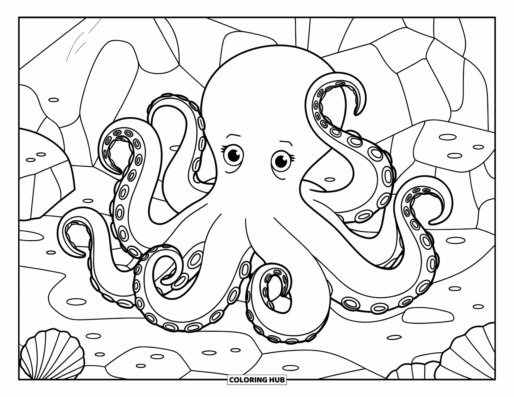 Sea Animal Coloring Page for Adults: An octopus with swirling arms sits on rocks with a few seashells around
