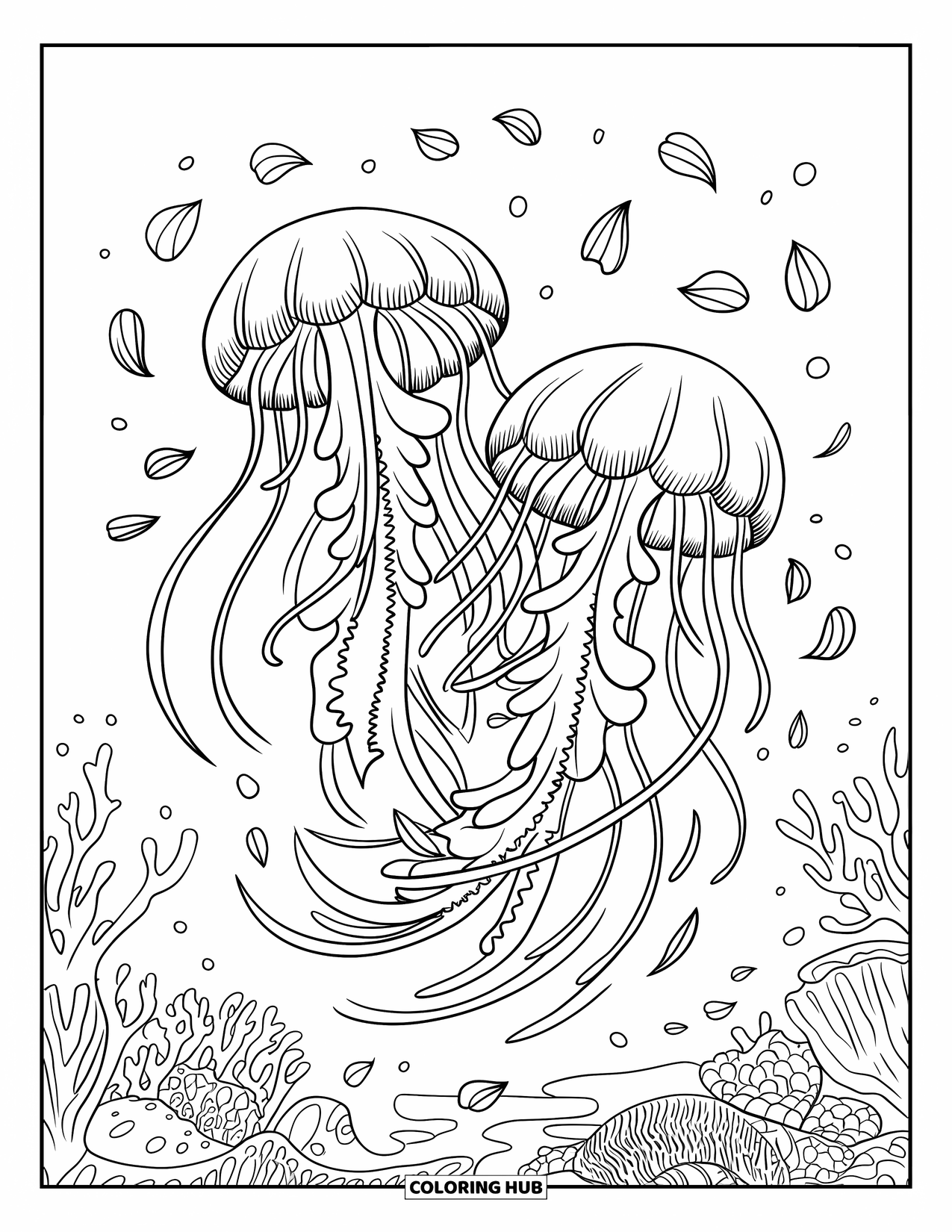 Sea Animal Coloring Page for Adults: Jellyfish dance together underwater with soft swirls and floating sea petals
