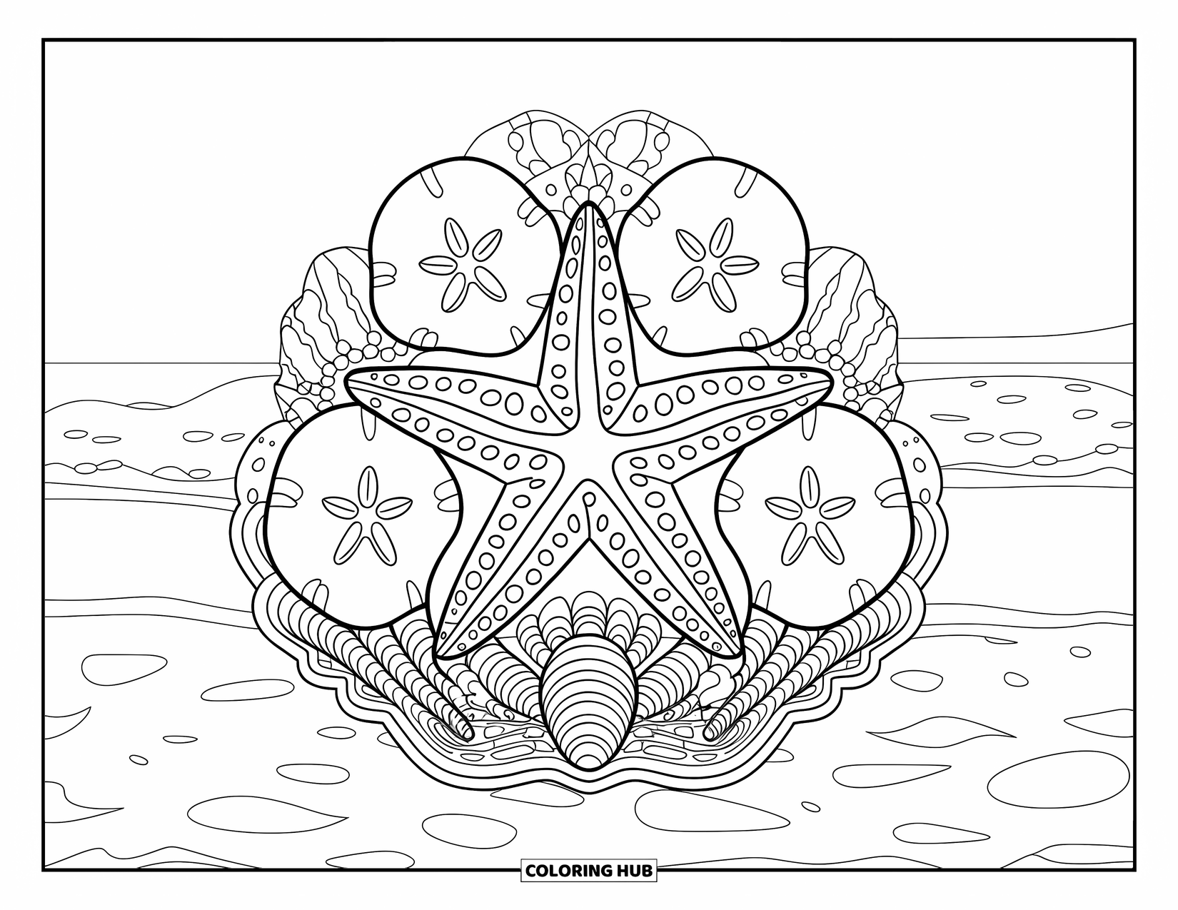 Sea Animal Coloring Page for Adults: Starfish, shells, and sand dollars arranged symmetrically on waves with a distant horizon