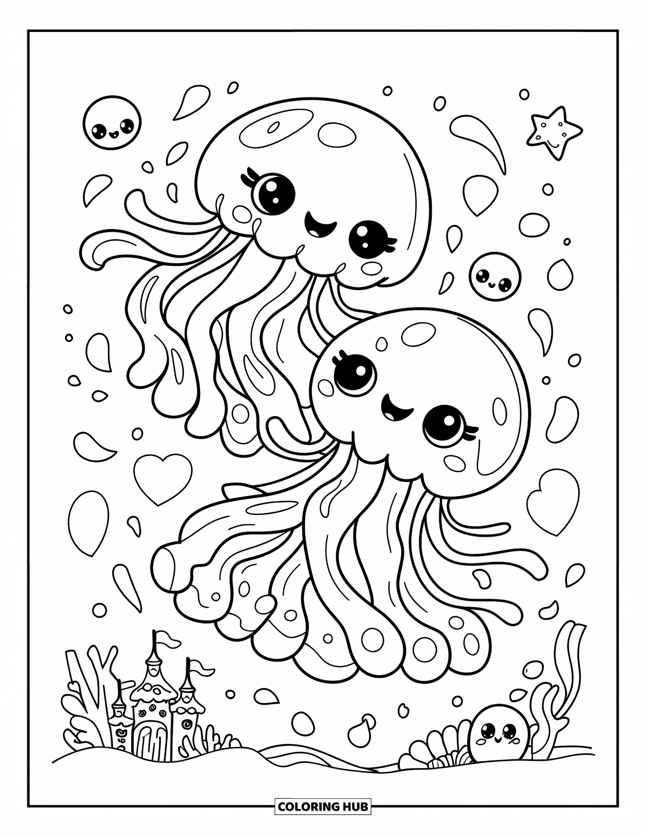 Sea Animal Coloring Page for Adults: Two cute jellyfish twirl in an underwater dance surrounded by sea petals and tiny shapes