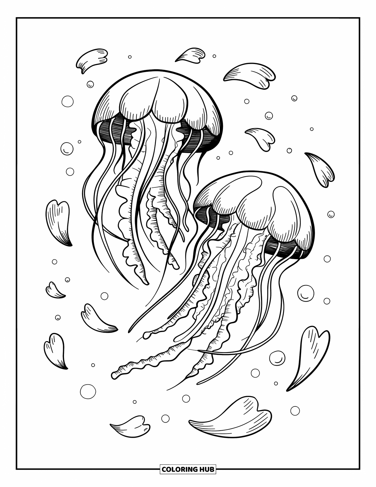 Sea Animal Coloring Page for Adults: Two jellyfish twirl together underwater with swirling tendrils and sea petals