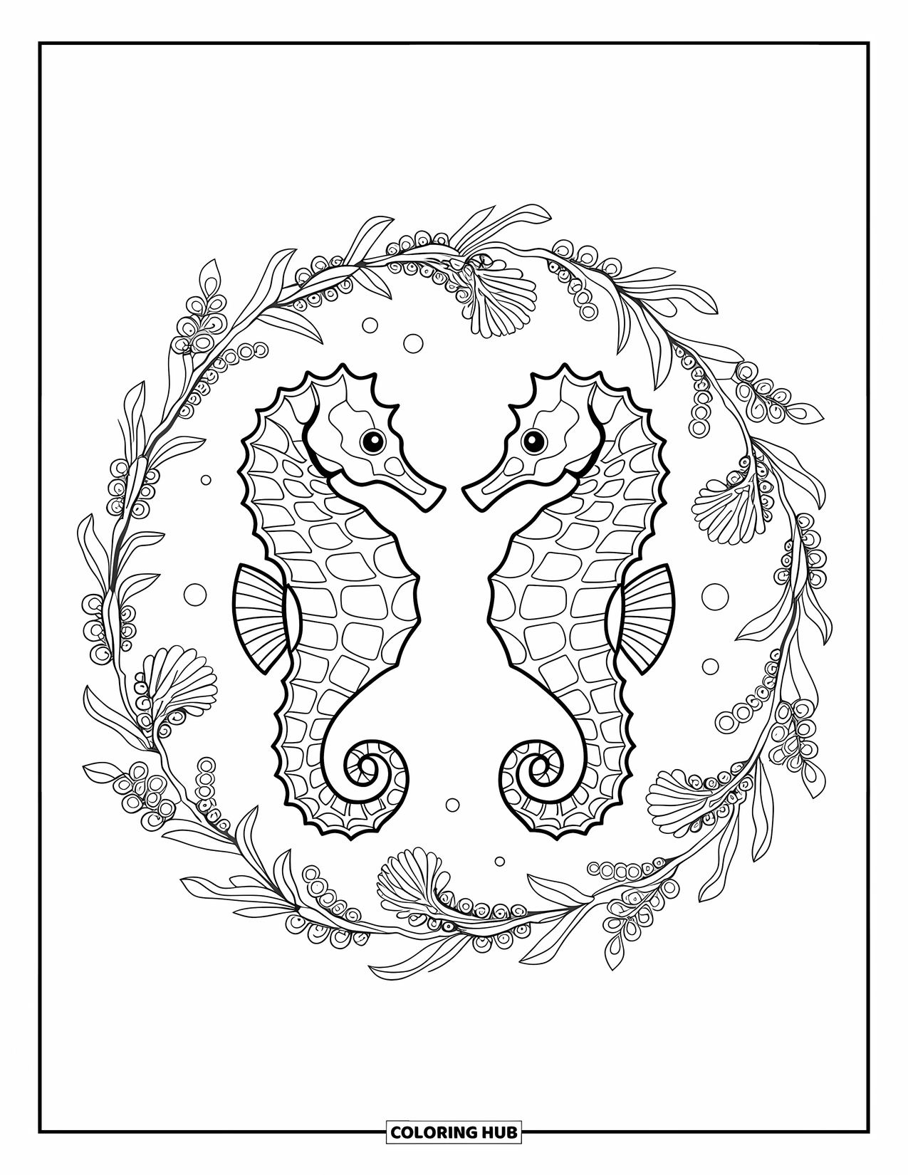 Sea Animal Coloring Page for Adults: Two patterned seahorses face each other inside a detailed floral reef circle