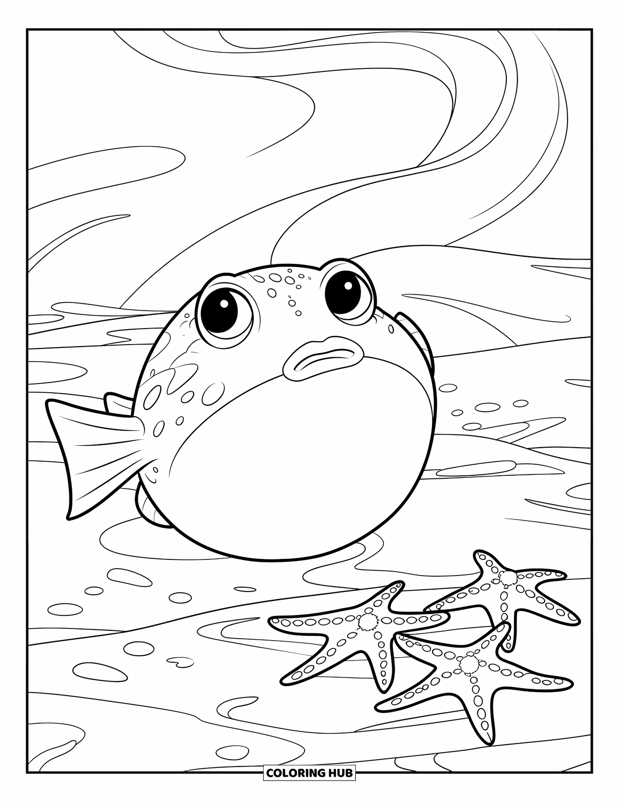 Sea Animal Coloring Page for Kids: A big pufferfish sits on sand near spread-out starfish