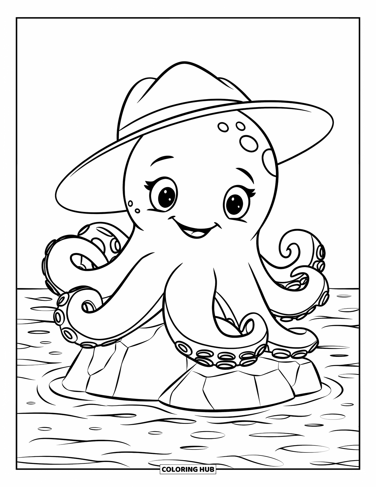 Sea Animal Coloring Page for Kids: A big smiling octopus in a hat sits on a rock by calm waves