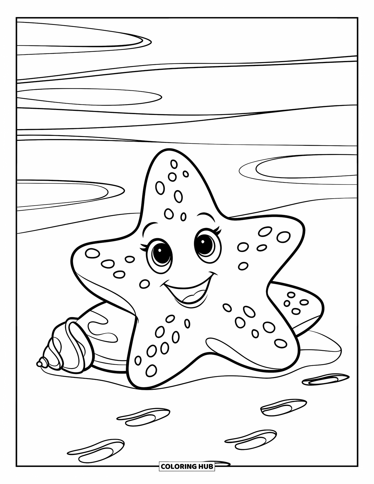 Sea Animal Coloring Page for Kids: A cheerful starfish sits on sand with tiny footprints and waves behind