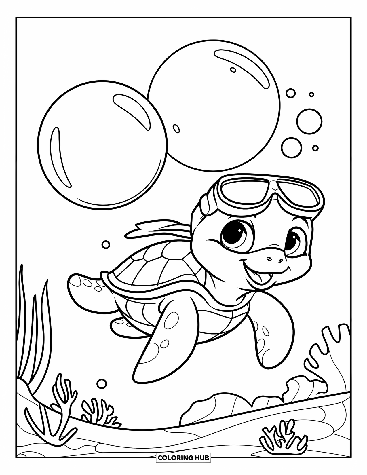 Sea Animal Coloring Page for Kids: A cute baby turtle swims near two big bubbles and coral reefs