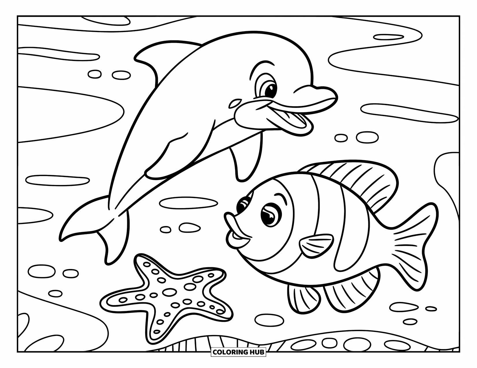 Sea Animal Coloring Page for Kids: A dolphin jumps out, a starfish stays below, and a fish swims through waves