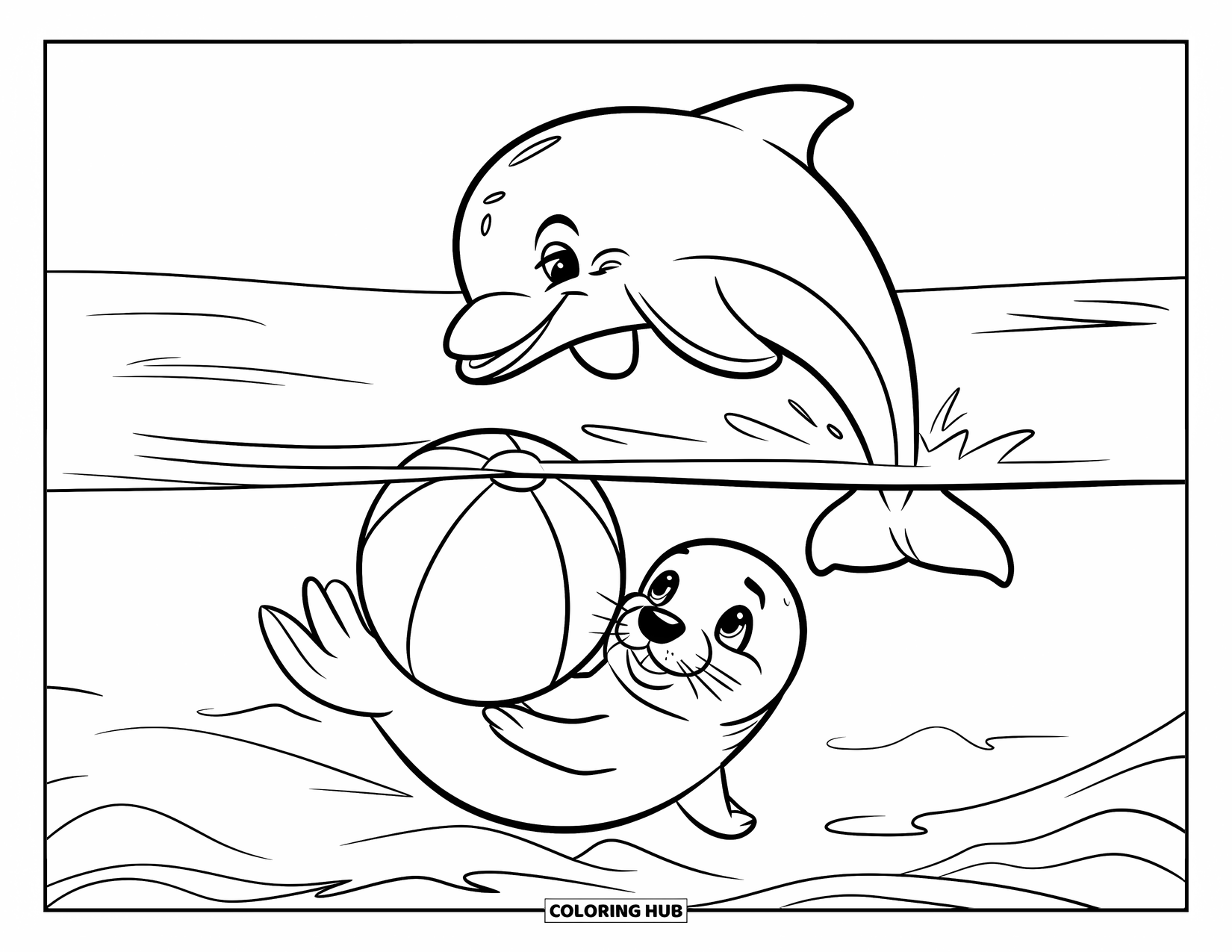 Sea Animal Coloring Page for Kids: A dolphin leaps as a seal swims under a beach ball
