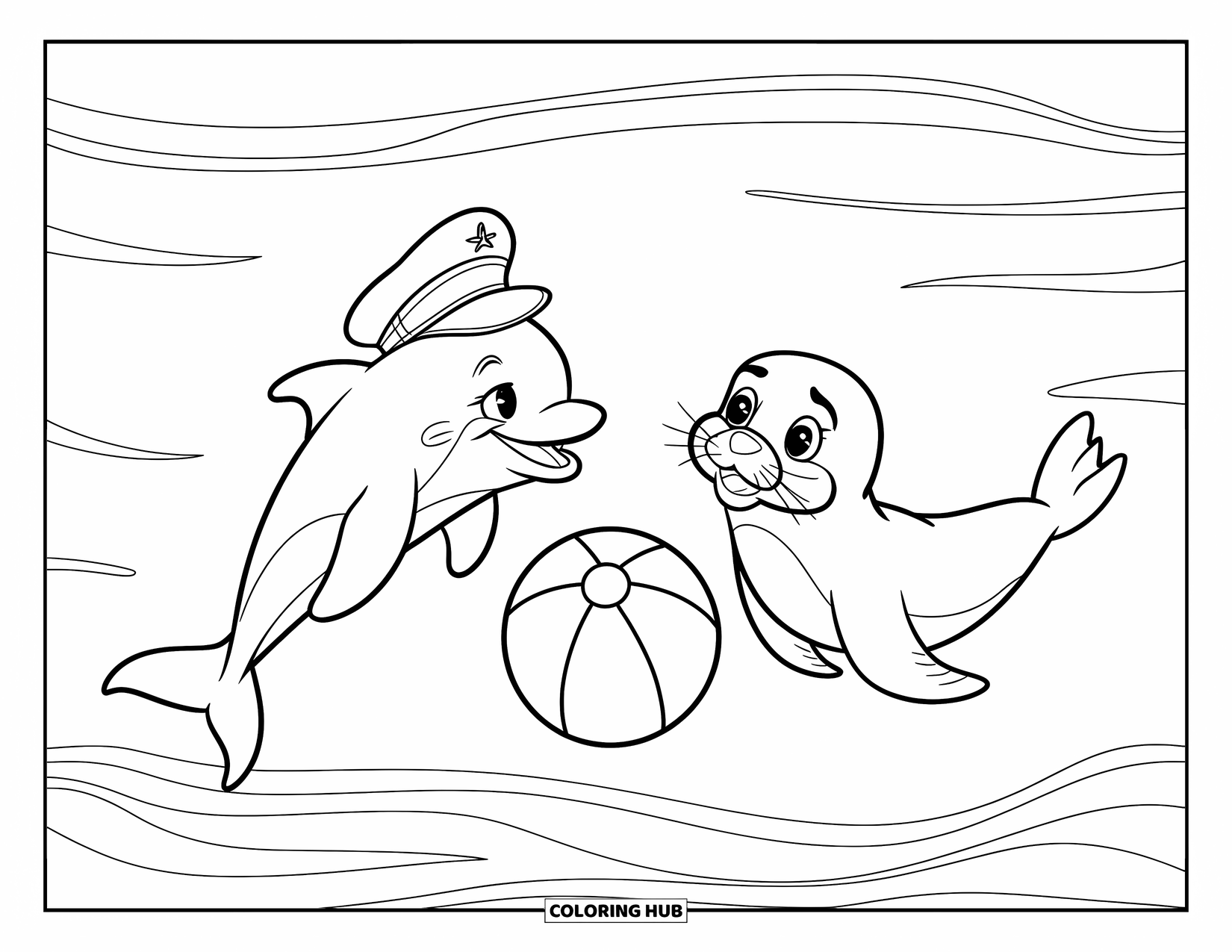 Sea Animal Coloring Page for Kids: A dolphin wearing a sailor hat plays ball with a seal underwater