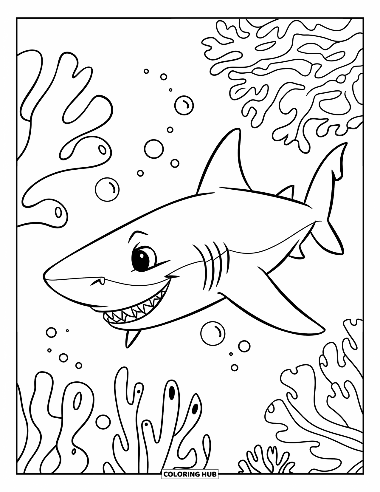 Sea Animal Coloring Page for Kids: A grinning shark swims calmly past coral with bubbles in deep water