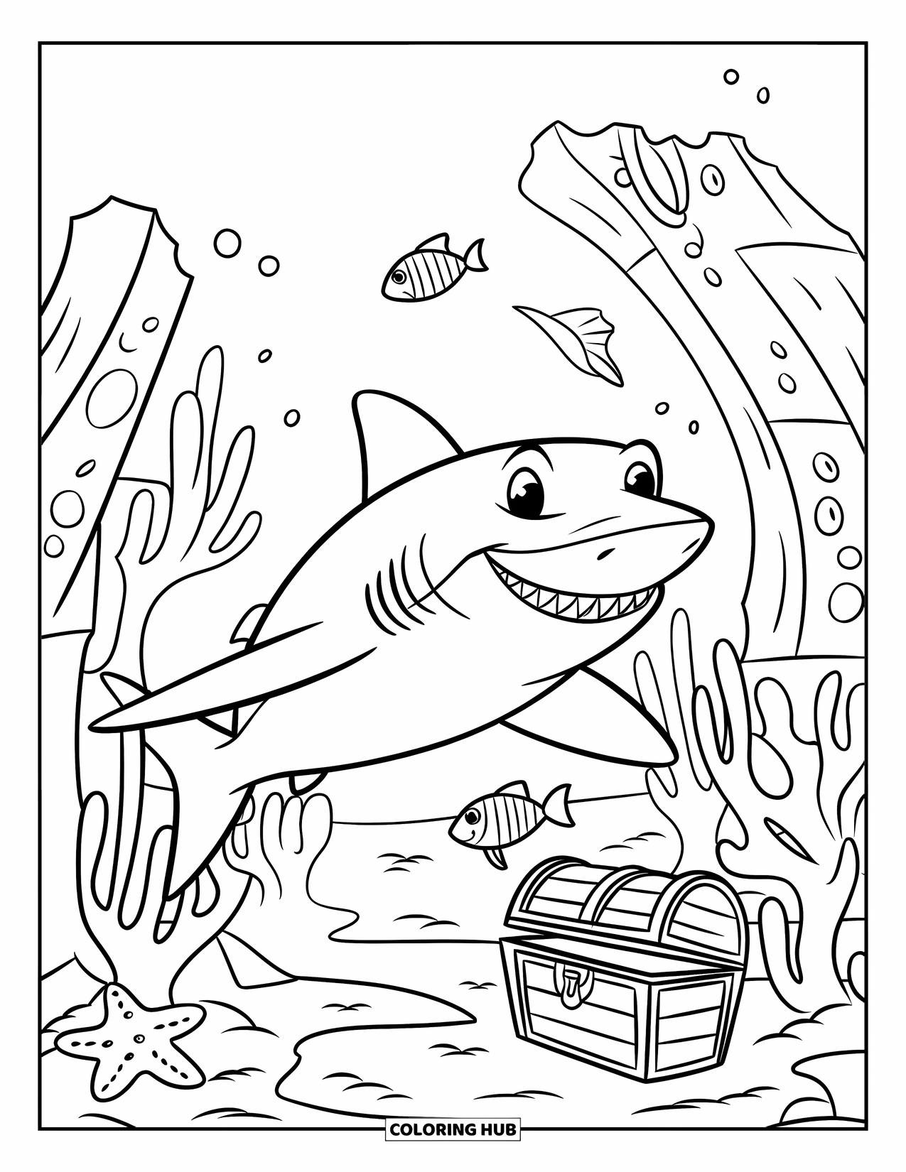 Sea Animal Coloring Page for Kids: A grinning shark swims near coral, fish, and a hidden treasure chest