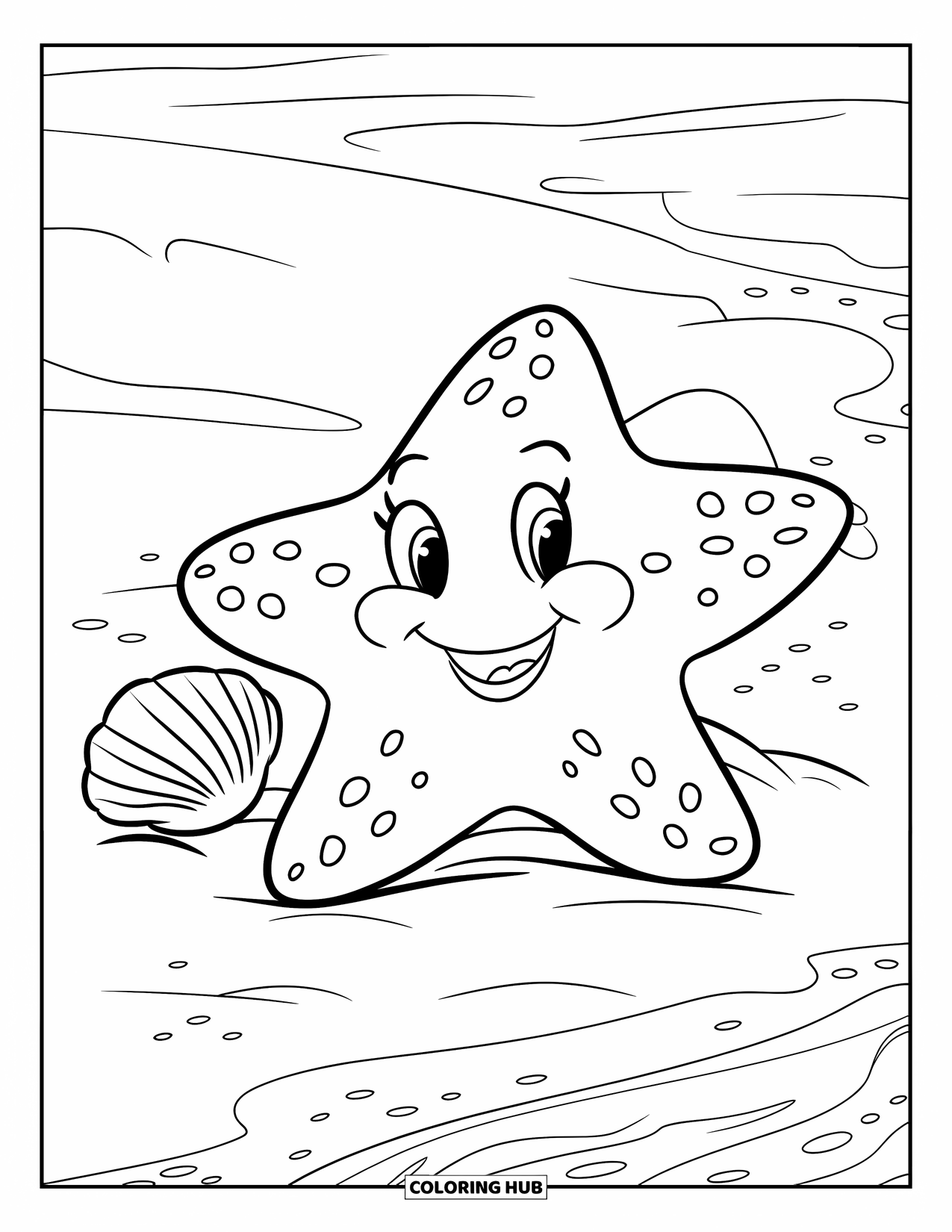 Sea Animal Coloring Page for Kids: A grinning starfish sits on sand with a seashell beside it and ocean nearby