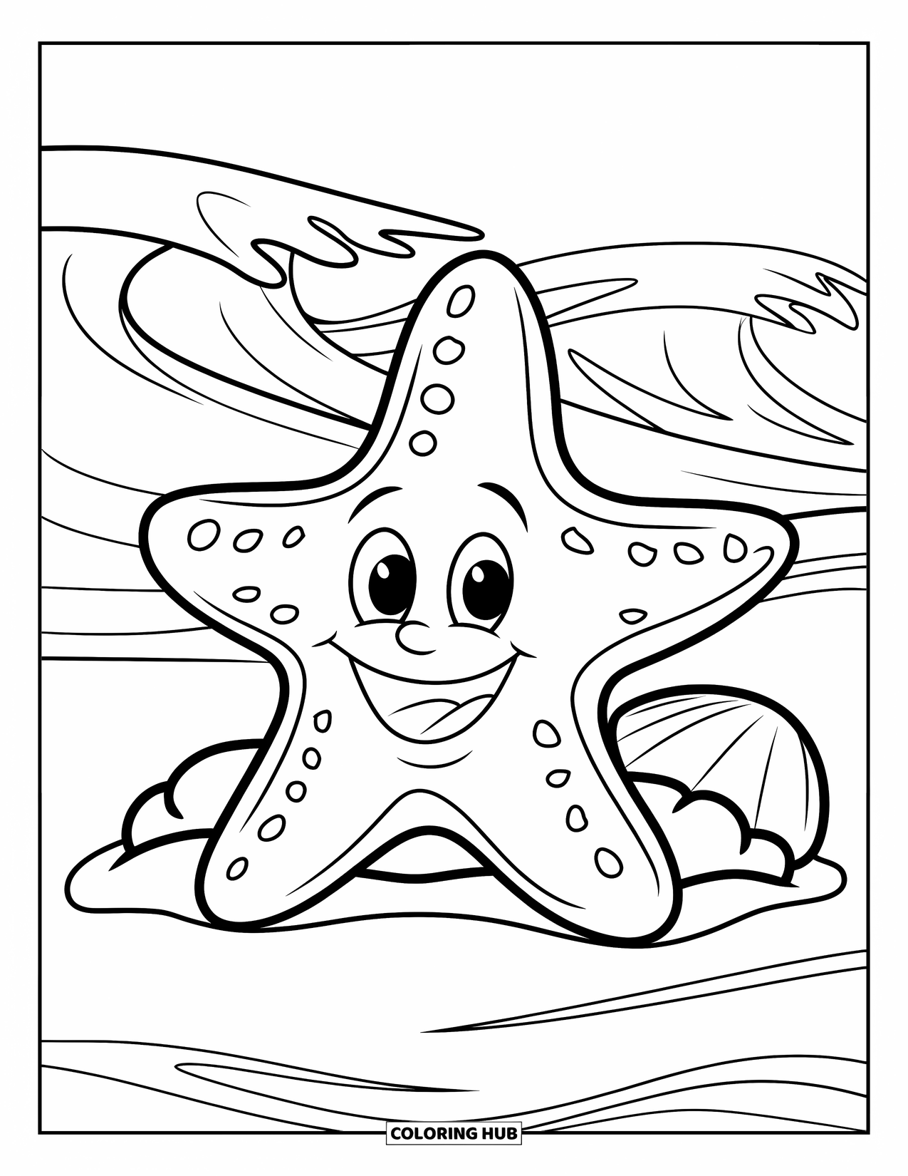 Sea Animal Coloring Page for Kids: A happy starfish sits on soft sand with a seashell and waves behind