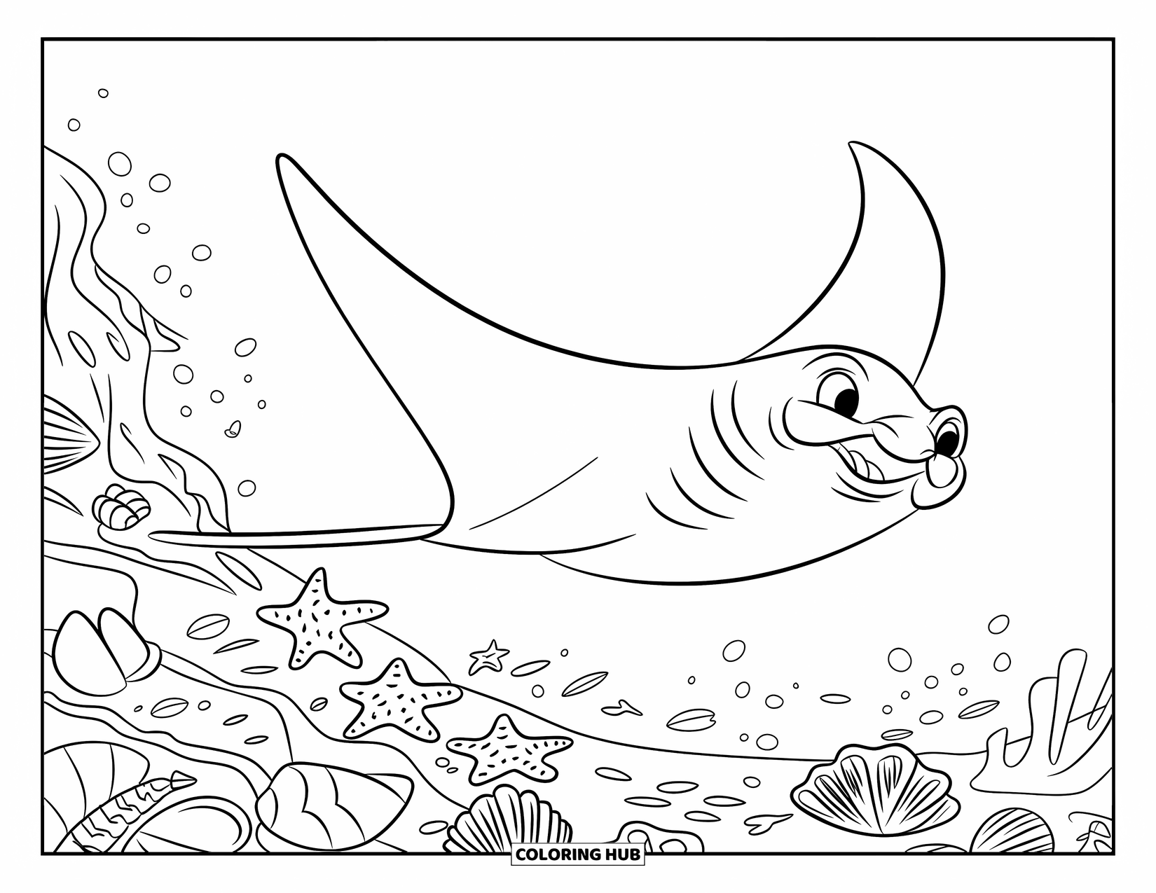 Sea Animal Coloring Page for Kids: A manta ray glides above a reef with sea stars and shells