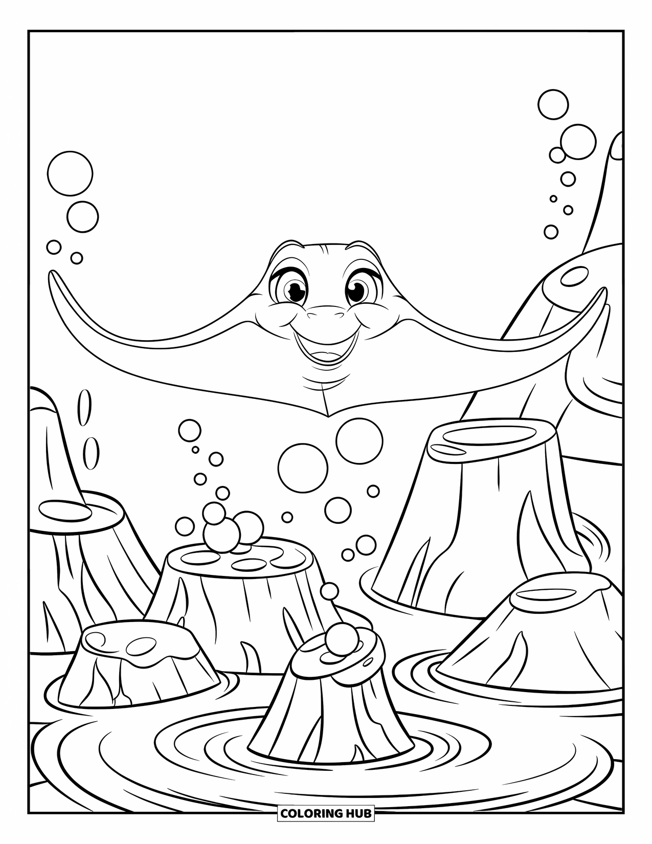 Sea Animal Coloring Page for Kids: A manta ray soars above volcanic rocks and streams of bubbles