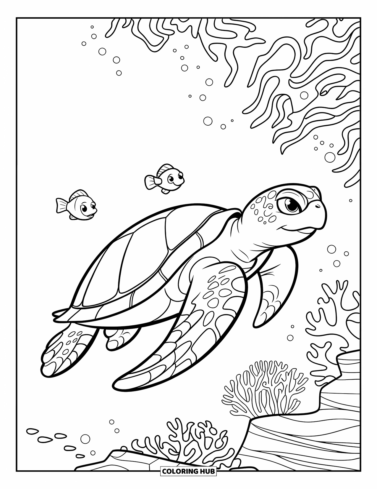 Sea Animal Coloring Page for Kids: A sea turtle glides near coral reefs with two fish swimming close