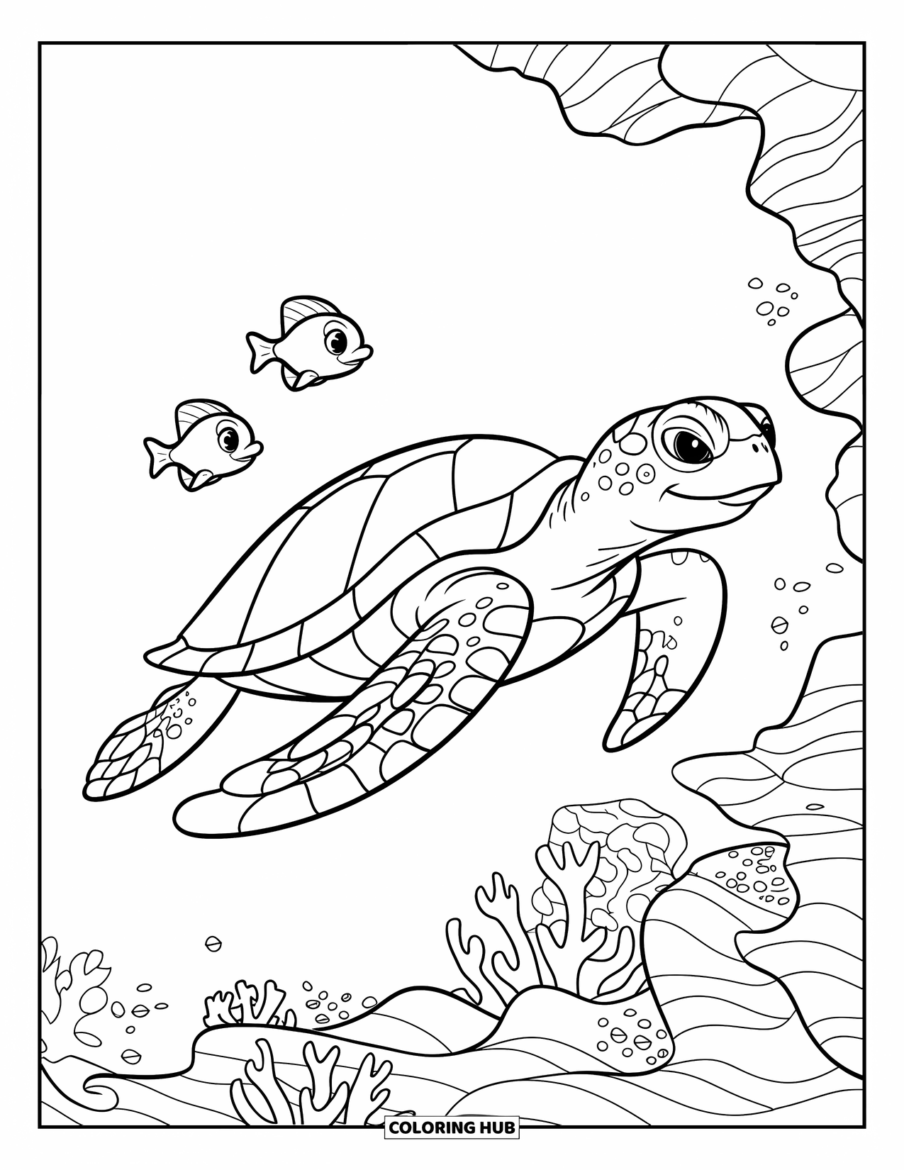 Sea Animal Coloring Page for Kids: A sea turtle swims through coral reefs with two small fish beside it