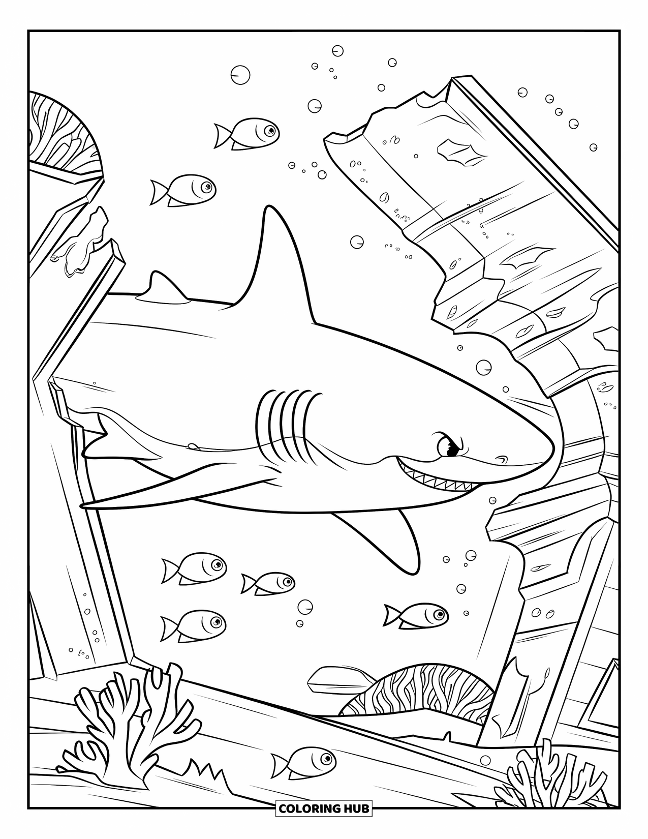Sea Animal Coloring Page for Kids: A shark moves between coral-covered ruins with fish nearby