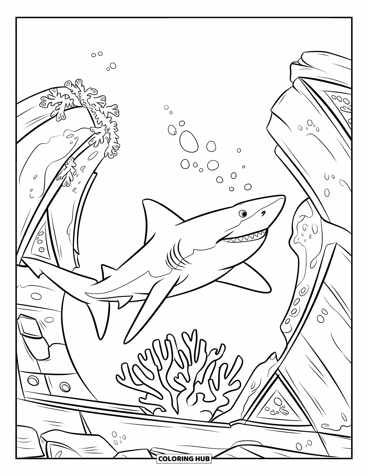Sea Animal Coloring Page for Kids: A shark swims through a shipwreck covered in coral