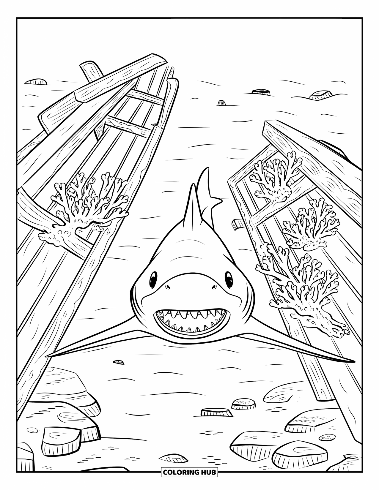 Sea Animal Coloring Page for Kids: A shark with sharp teeth swims through an old shipwreck with coral