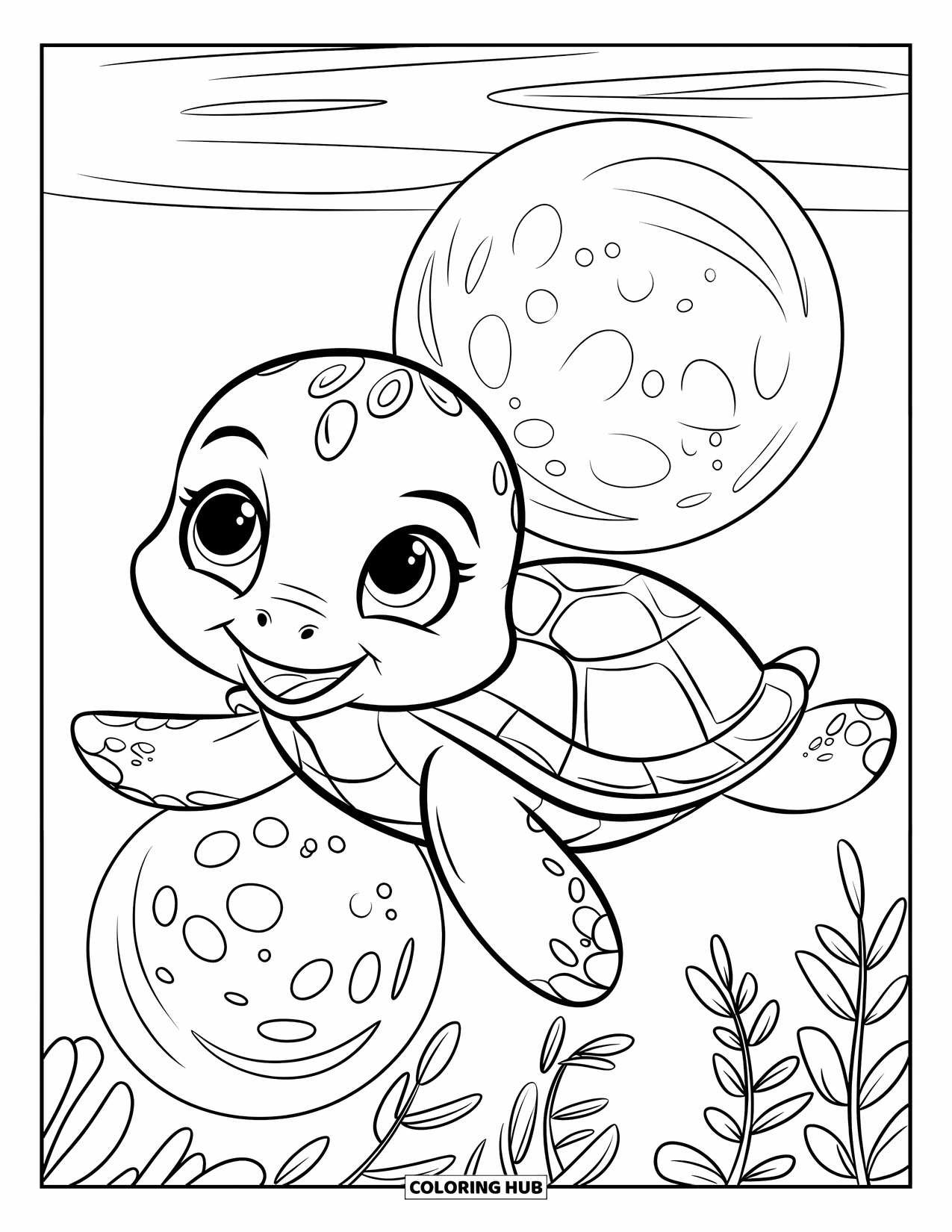 Sea Animal Coloring Page for Kids: A smiling baby turtle swims next to bubbles with pretty patterns and water plants