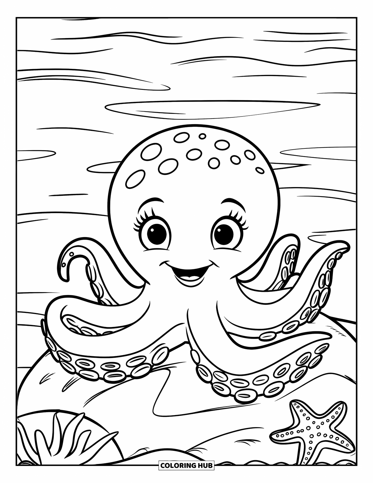 Sea Animal Coloring Page for Kids: A smiling octopus rests on a rock with a starfish close by