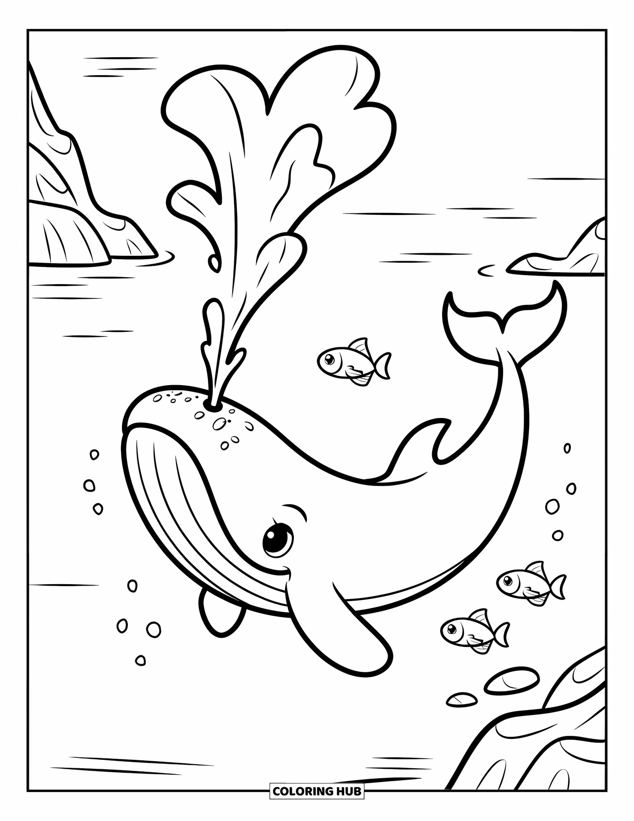 Sea Animal Coloring Page for Kids: A whale blows a water spout with three small fish swimming nearby