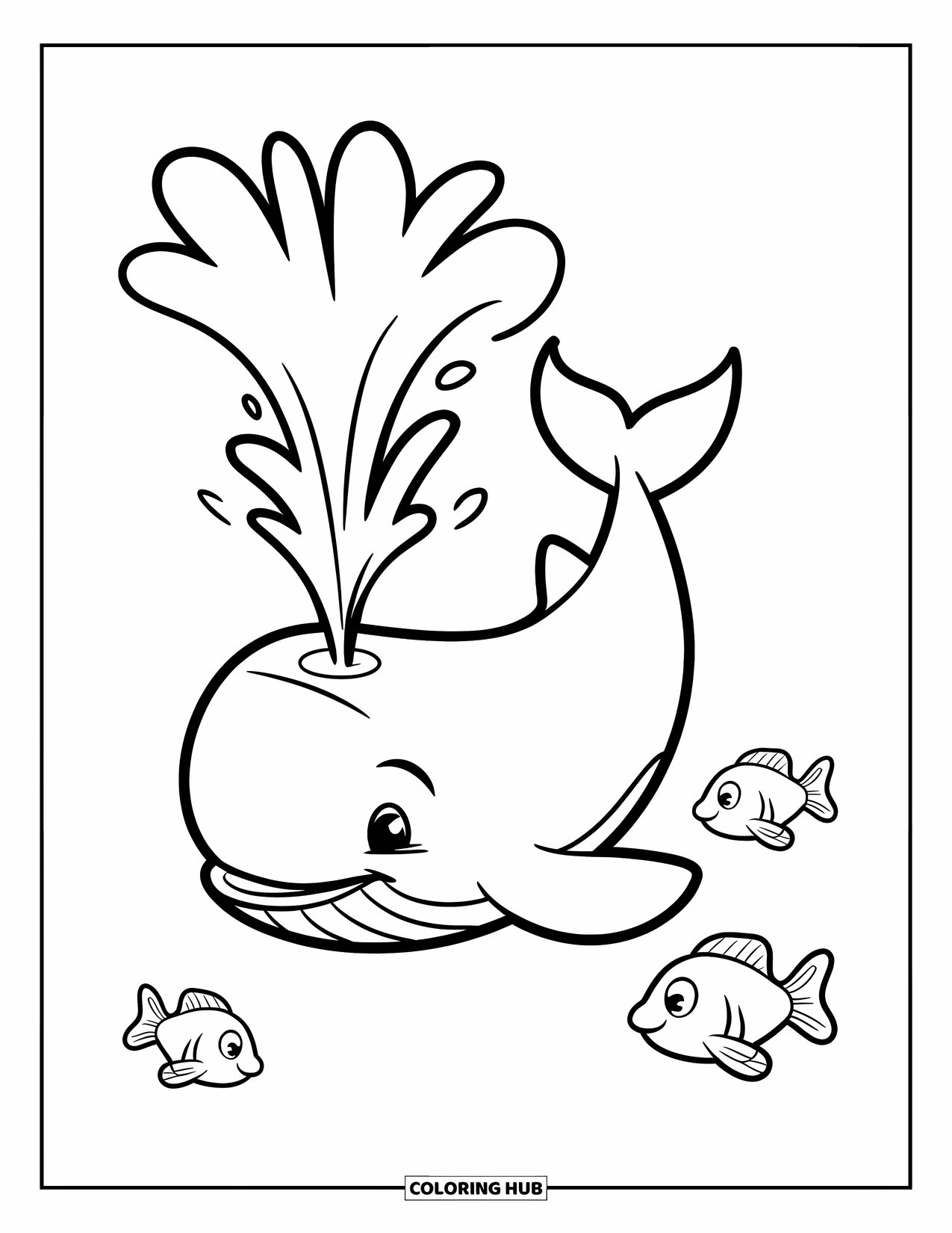 Sea Animal Coloring Page for Kids: A whale blows water with three little fish close by