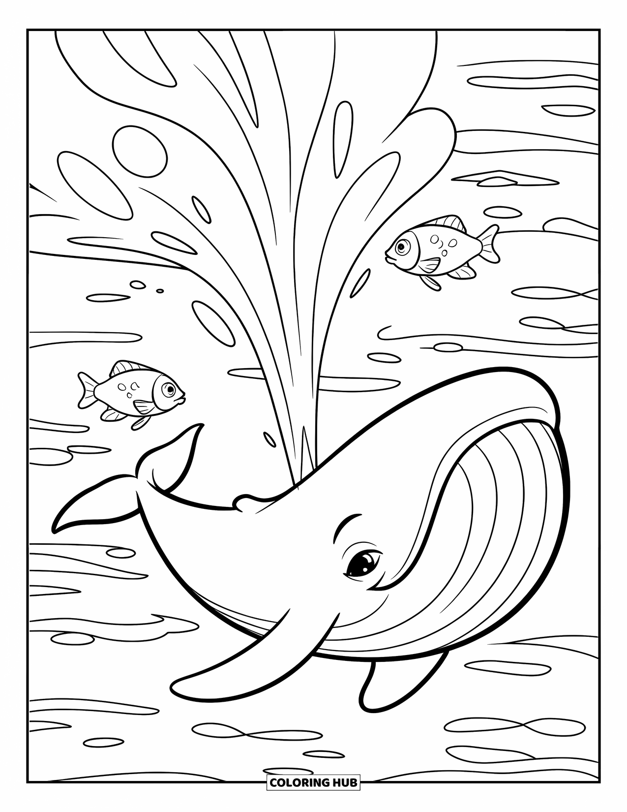 Sea Animal Coloring Page for Kids: A whale sprays water while three small fish swim by gentle waves