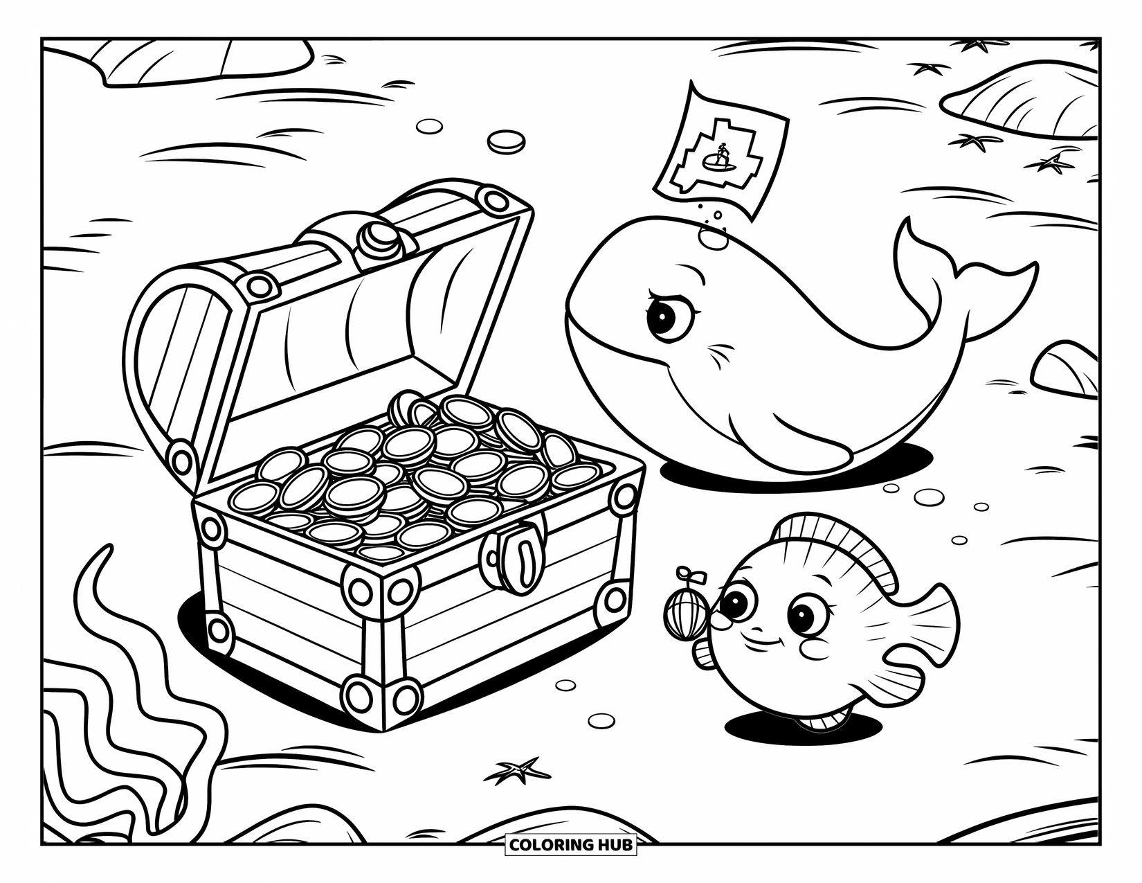 Sea Animal Coloring Page for Kids: A whale with a treasure map and a pufferfish guard an open chest