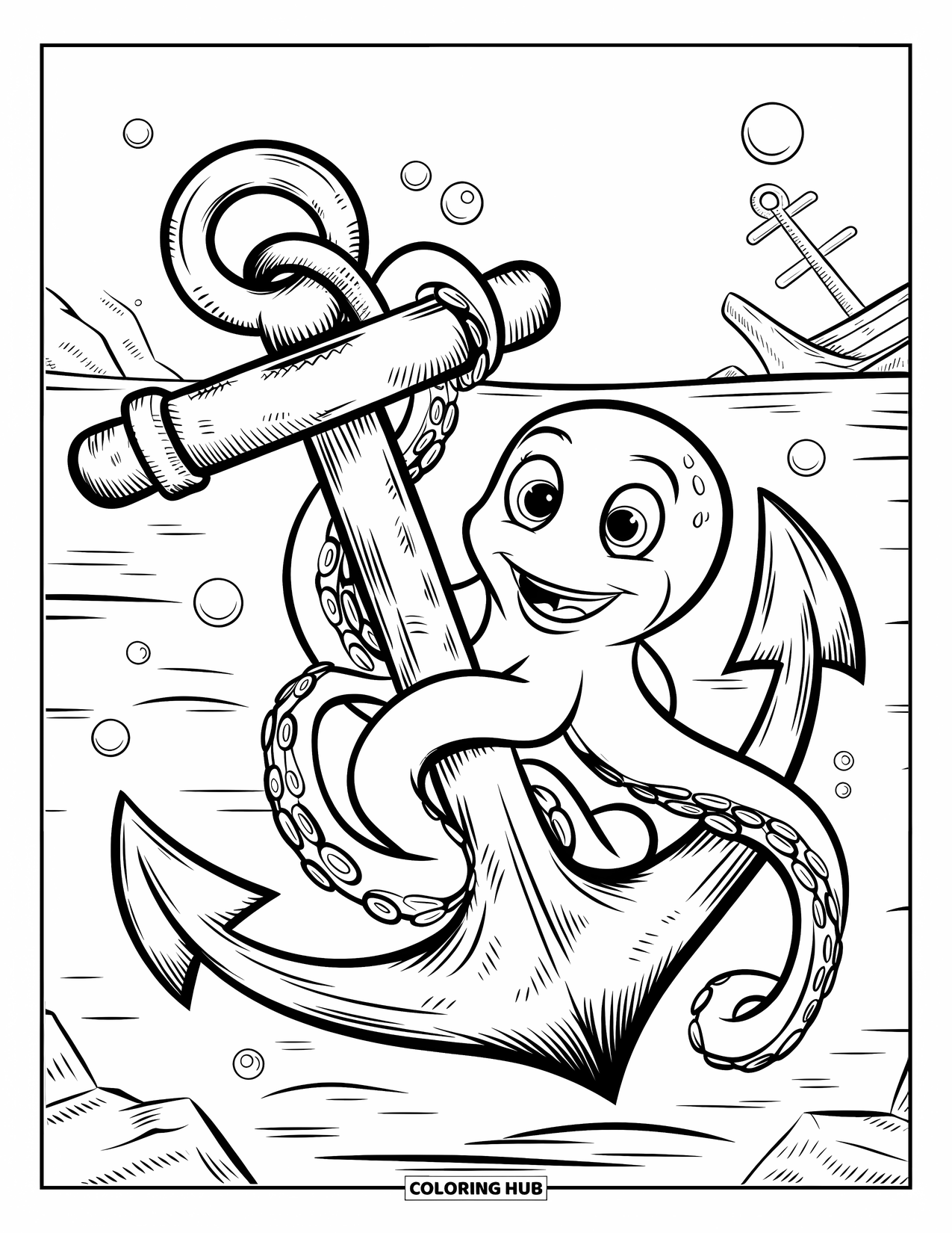 Sea Animal Coloring Page for Kids: An octopus smiles while hugging an anchor with bubbles around