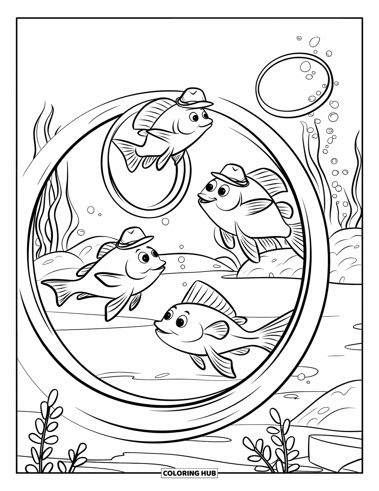 Sea Animal Coloring Page for Kids: Four fish in tiny hats race through underwater hoops and plants