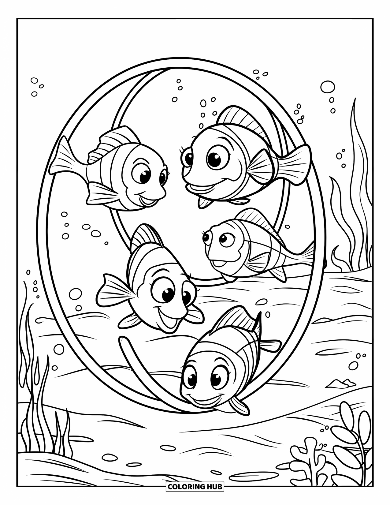 Sea Animal Coloring Page for Kids: Four fish race through hoops with plants and rocks around them
