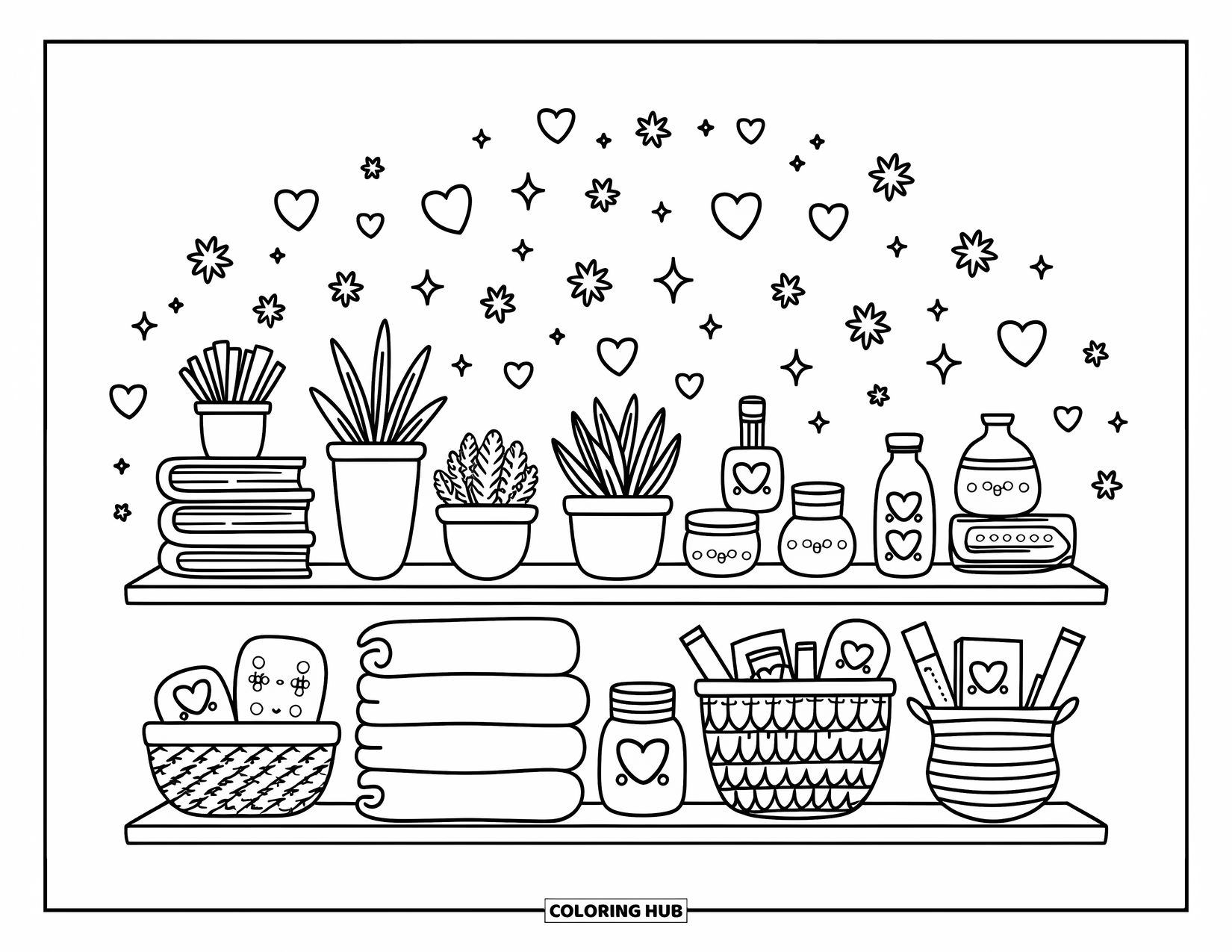 Self Care Coloring Page for Adults: A cozy shelf with books, towels, plants, jars, and baskets