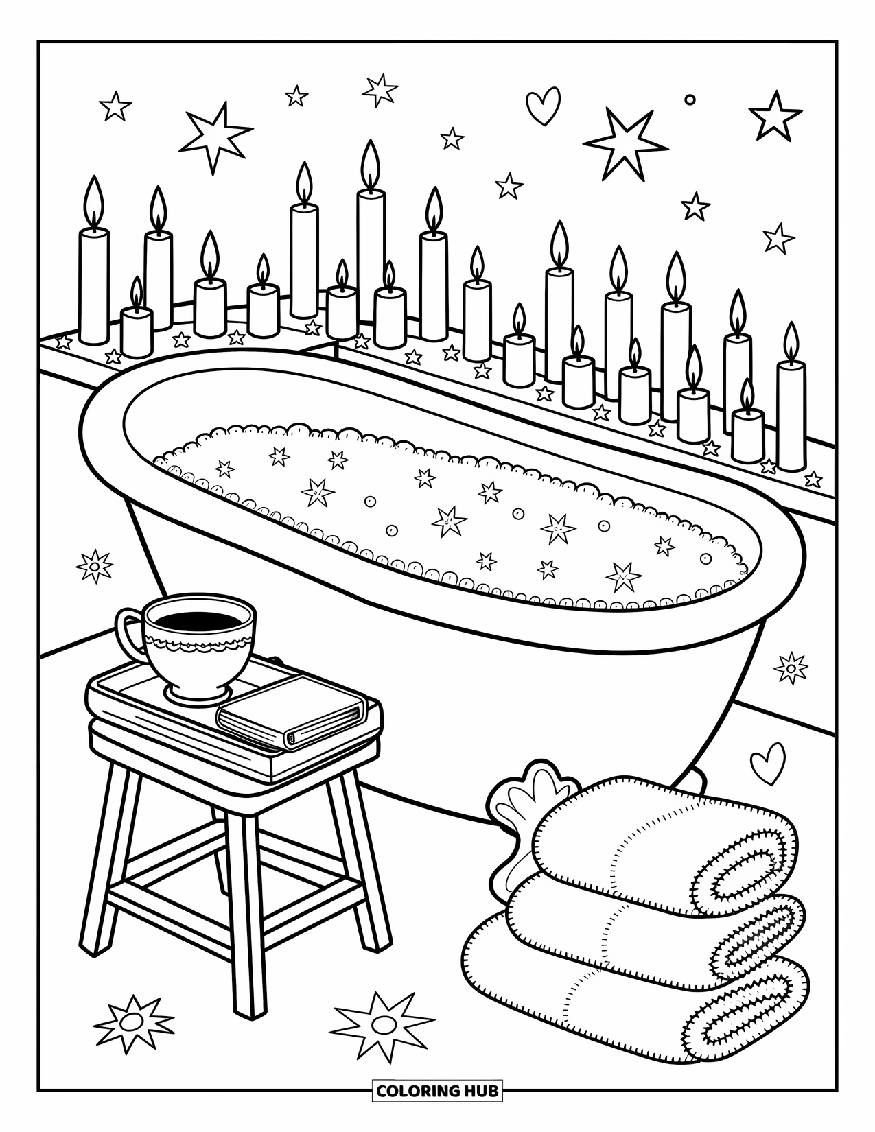Self Care Coloring Page for Adults: Bathtub with bubbles, candles, towels, flowers, sparkles, book, and tea