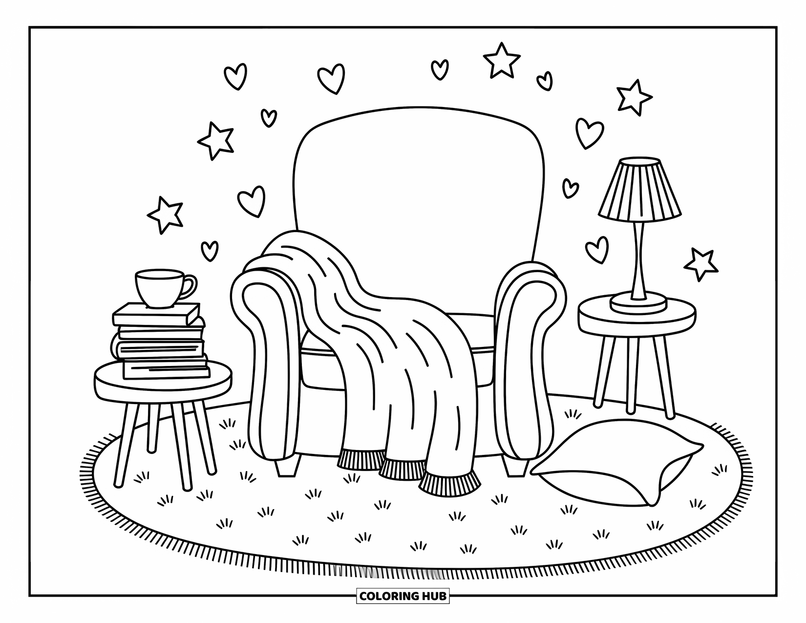 Self Care Coloring Page for Adults: Cozy armchair with blanket, teacup, lamp, books, rug, and pillow