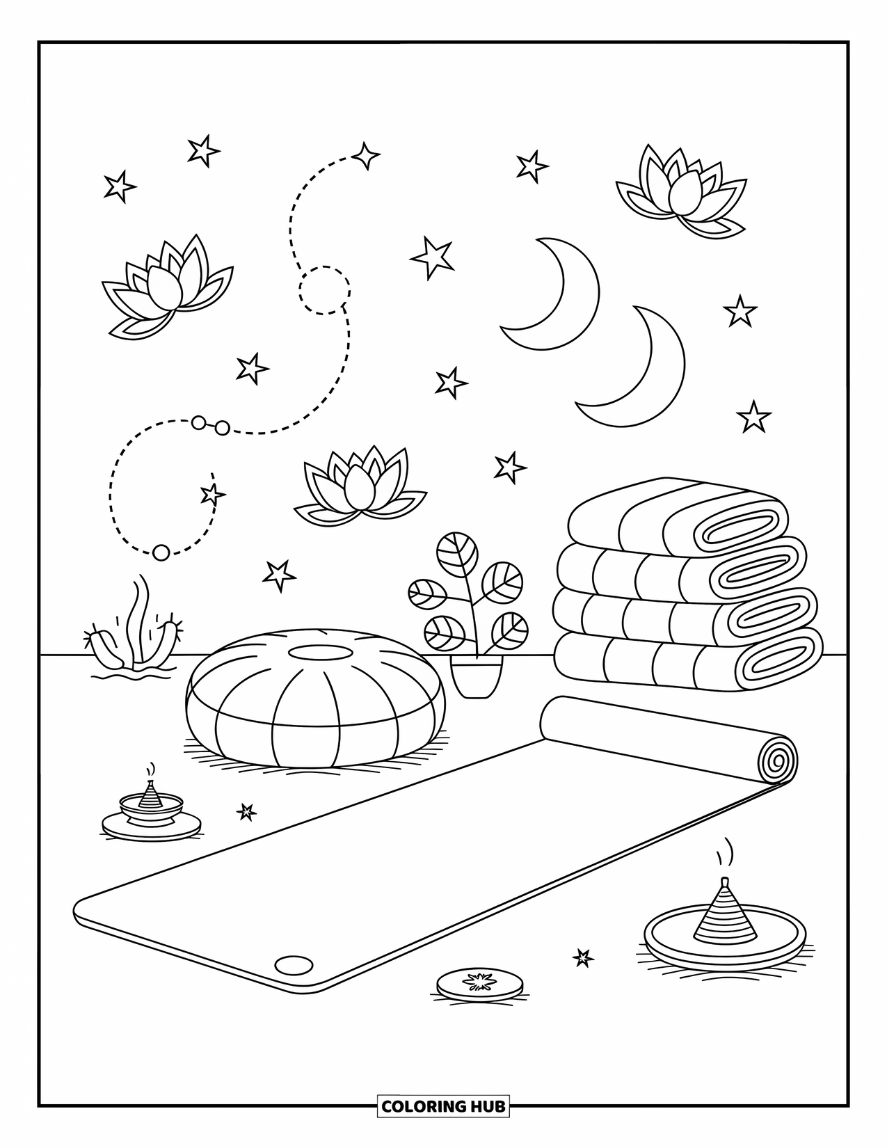Self Care Coloring Page for Adults: Rolled yoga mat with cushion, incense, plant, blankets, stars, and moons