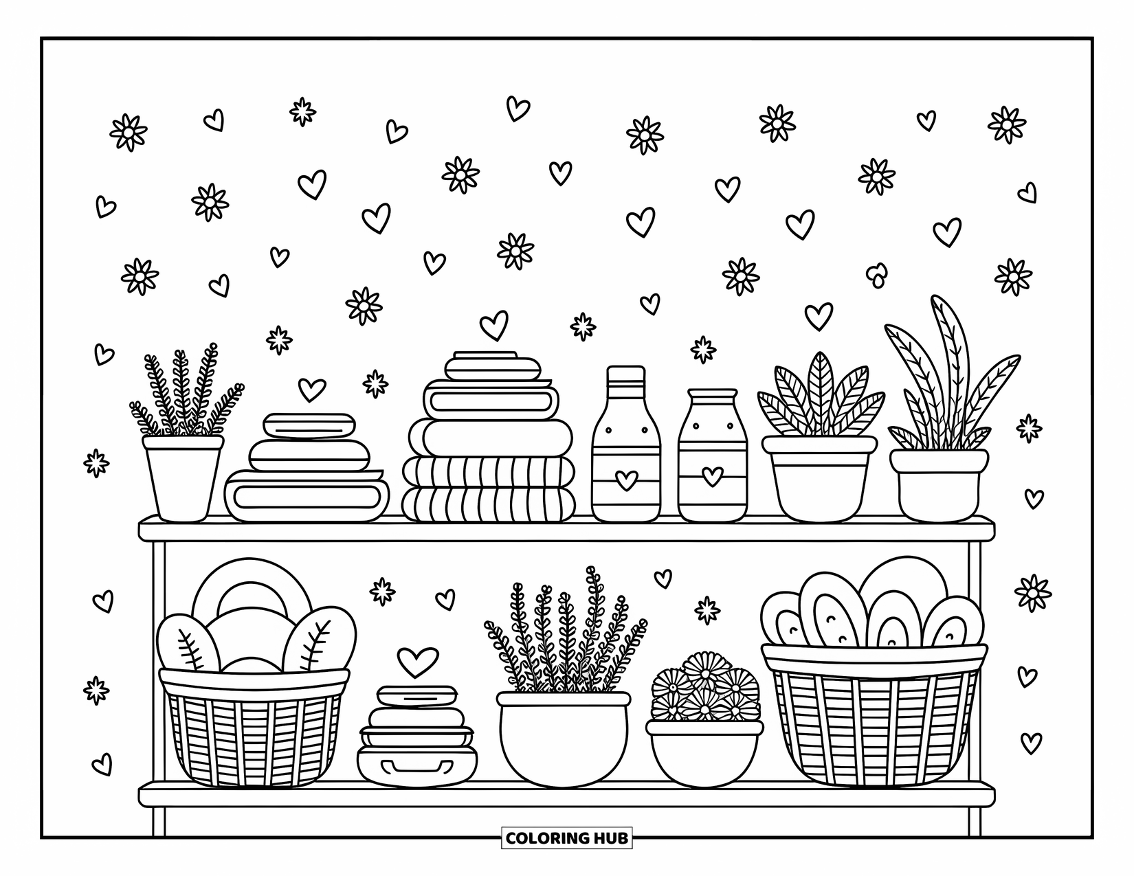 Self Care Coloring Page for Adults: Shelf filled with books, towels, plants, jars, and cozy baskets