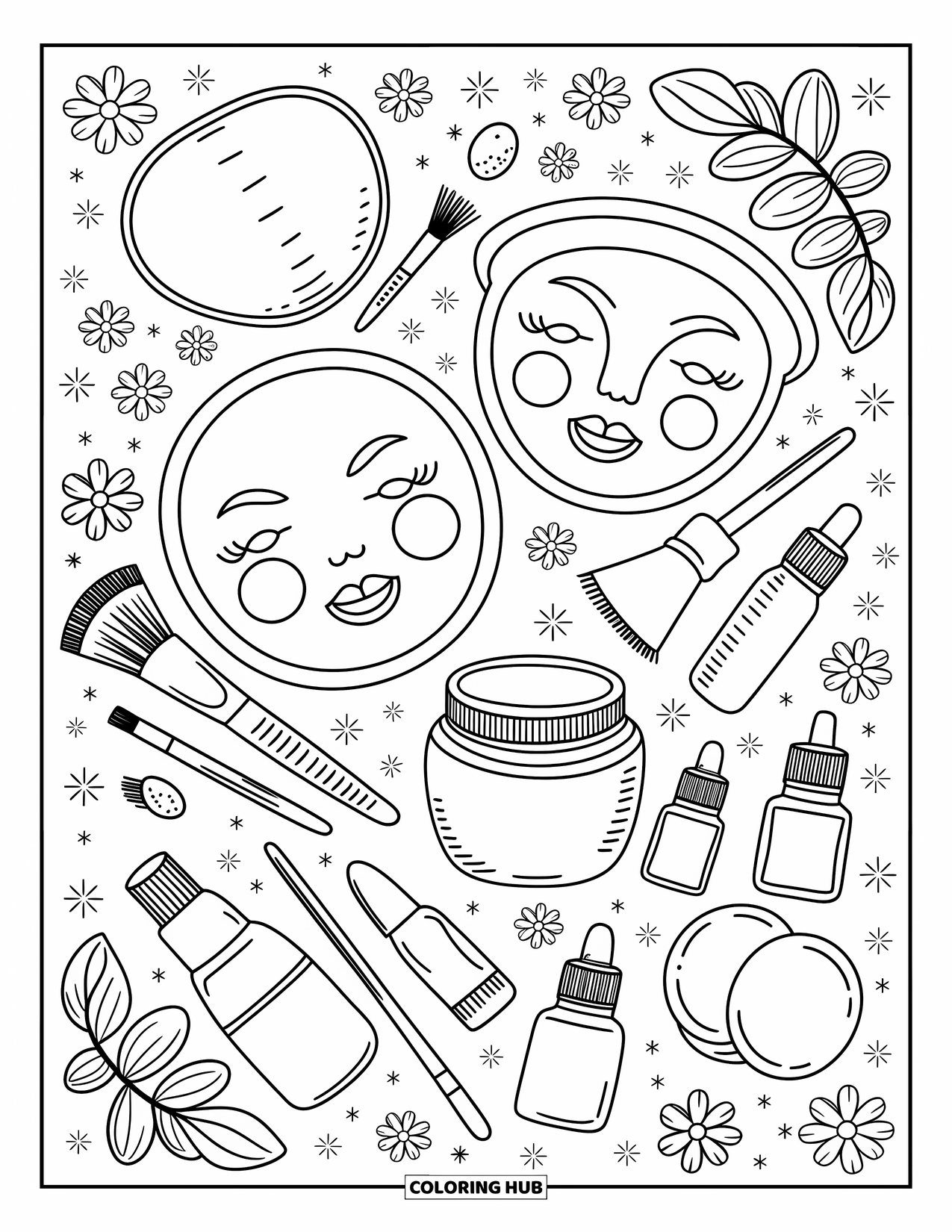 Self Care Coloring Page for Adults: Skincare items with masks, jars, oils, brushes, petals, and sparkles