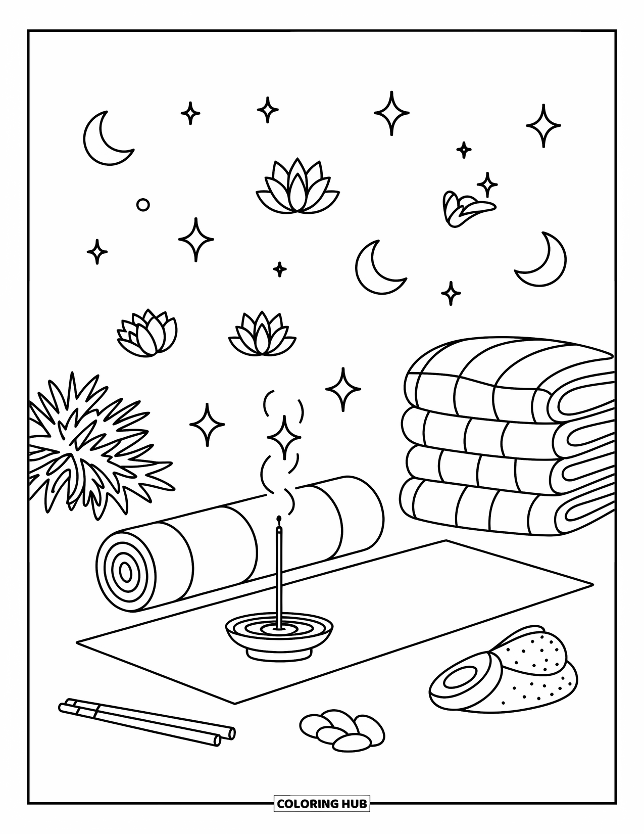 Self Care Coloring Page for Adults: Yoga mat with cushion, incense, blankets, plant, and floating stars