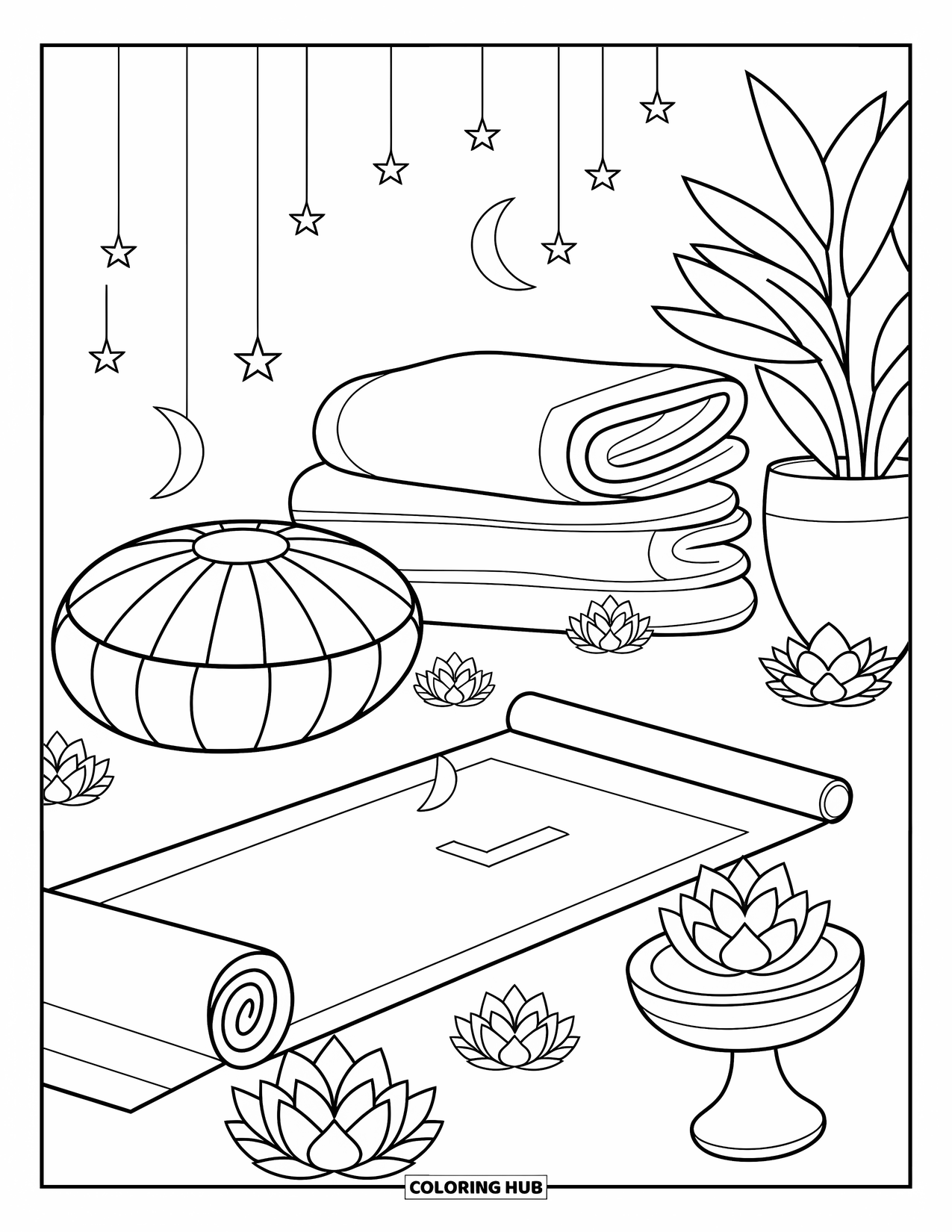 Self Care Coloring Page for Adults: Yoga mat with cushion, incense holder, blankets, plant, stars, and moons