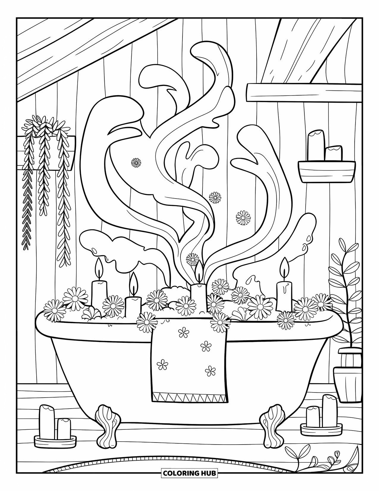 Self Care Coloring Page for Kids: A bubble bath in a rustic room with beams and plants