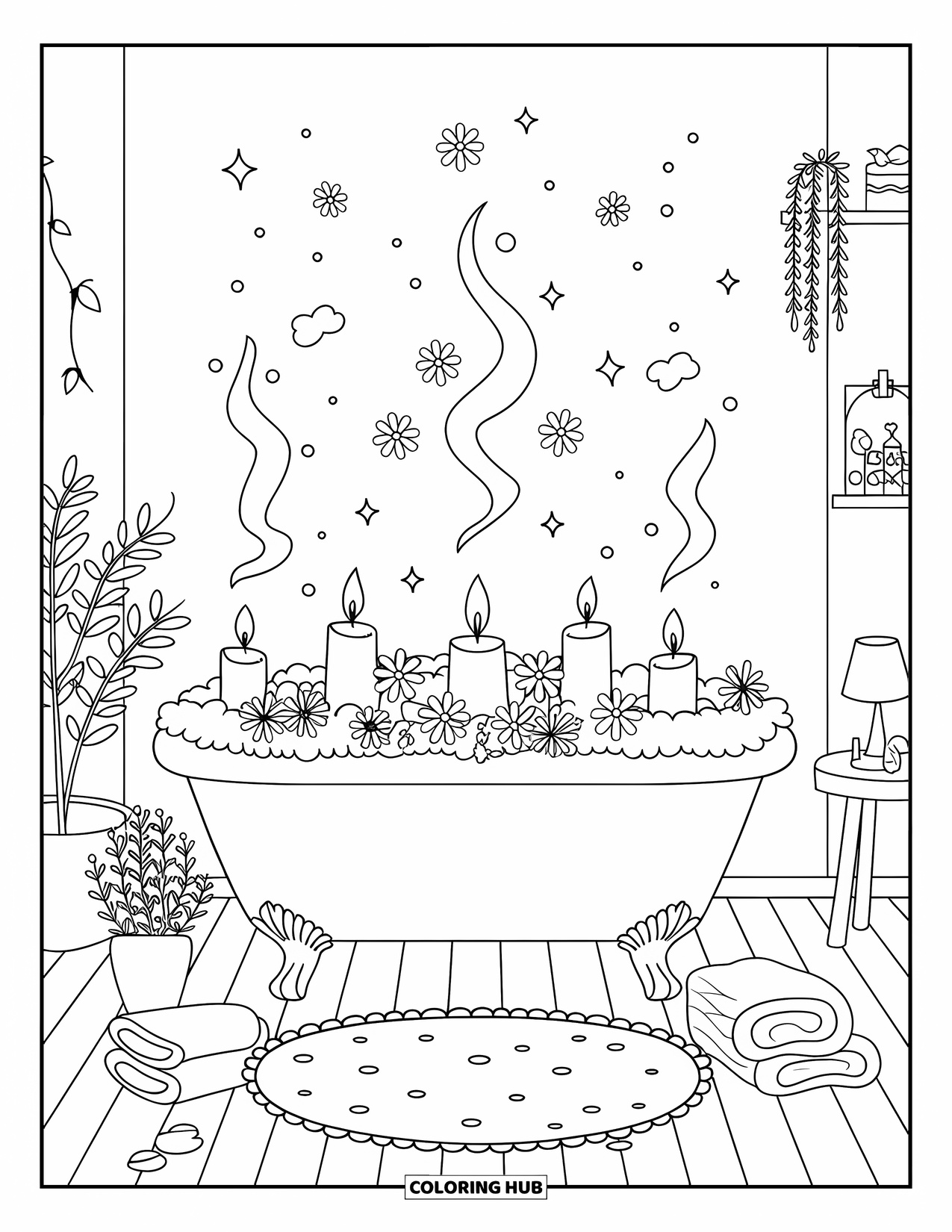 Self Care Coloring Page for Kids: A cozy bath with flowers, towels, and glowing candles