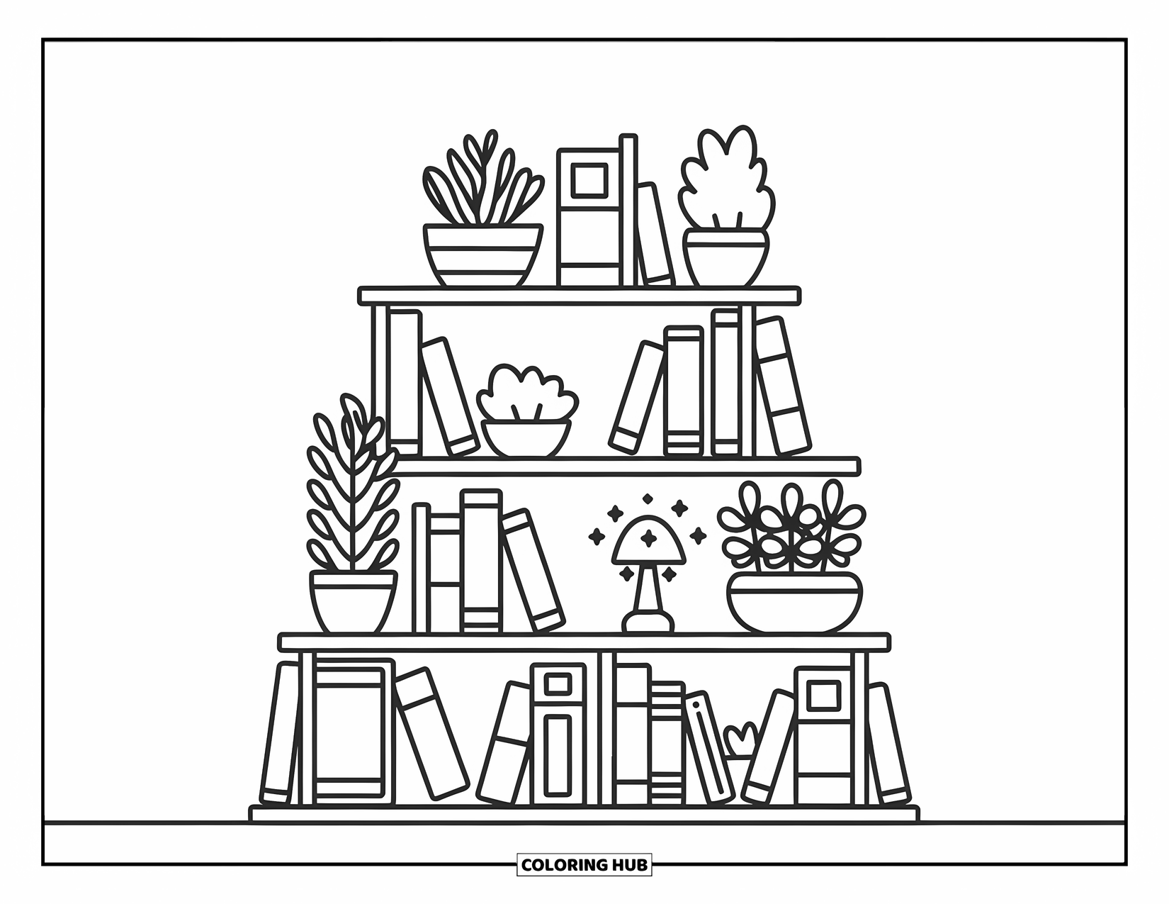 Self Care Coloring Page for Kids: A cozy bookshelf filled with books, plants, and a glowing little lamp
