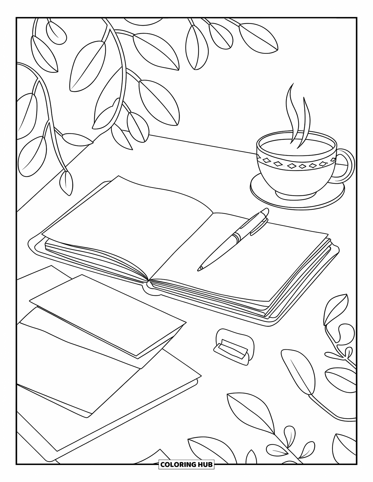 Self Care Coloring Page for Kids: A cozy desk with an open journal, pen, tea, and leaves
