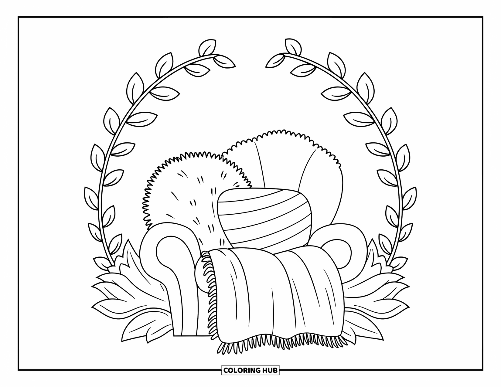 Self Care Coloring Page for Kids: A fluffy chair with pillow, blanket, and leafy vines in a corner