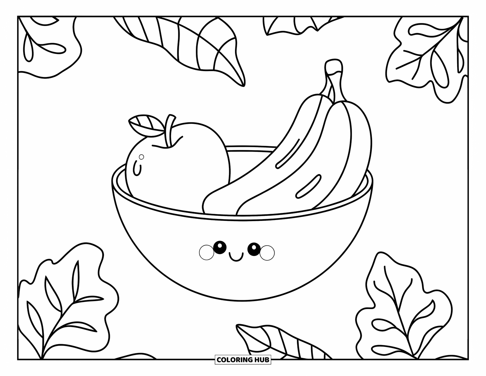Self Care Coloring Page for Kids: A fruit bowl with an apple, banana, and floating leaves