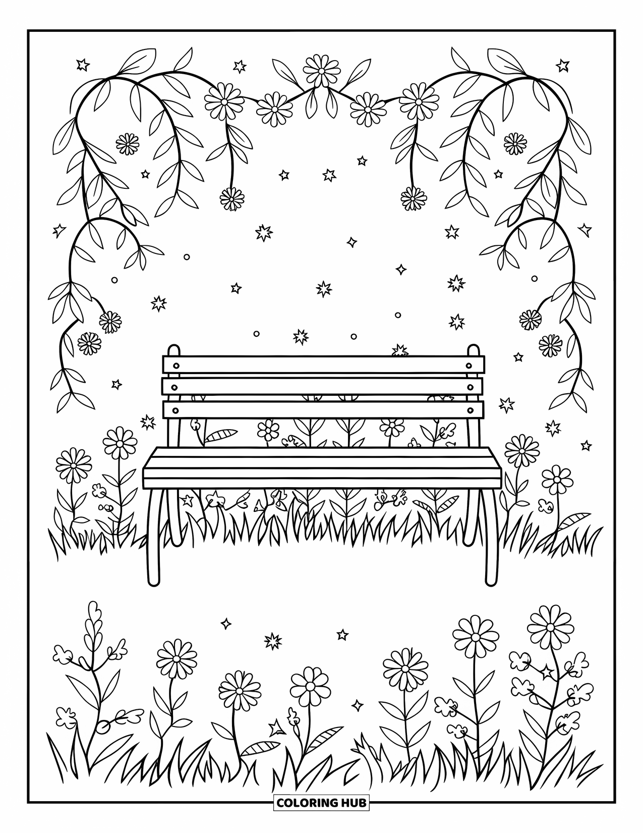 Self Care Coloring Page for Kids: A peaceful bench with flowers, vines, and twinkling stars